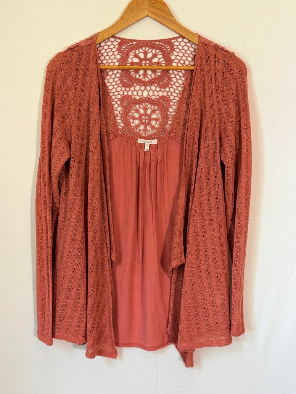 Maurices Boho Crochet Open Front Cardigan Dusty Rose Size Medium Cottagecore